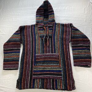 Vintage Baja Hoodie Multicolor Striped Mexican Pullover Poncho No Size Y2K